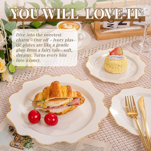 WDF 200PCS Ivory Plastic Plates with Gold Rim - Cream Plastic Plates - Include 100 Dinner & 100 Dessert Fancy Disposable Plate for Party - Heavy Duty Plate for Wedding Baby Shower Spring