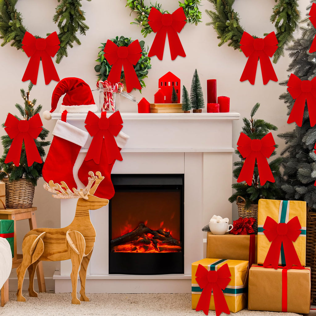 Heartome 12 PCS Christmas Bows, PVC Christmas Tree Bows 5 x 8 Inches, Red Velvet Bows for Hanging Red Xmas Outdoor Indoor Large Bows Xmas Decor Party Supplies Wreath Railing Fences