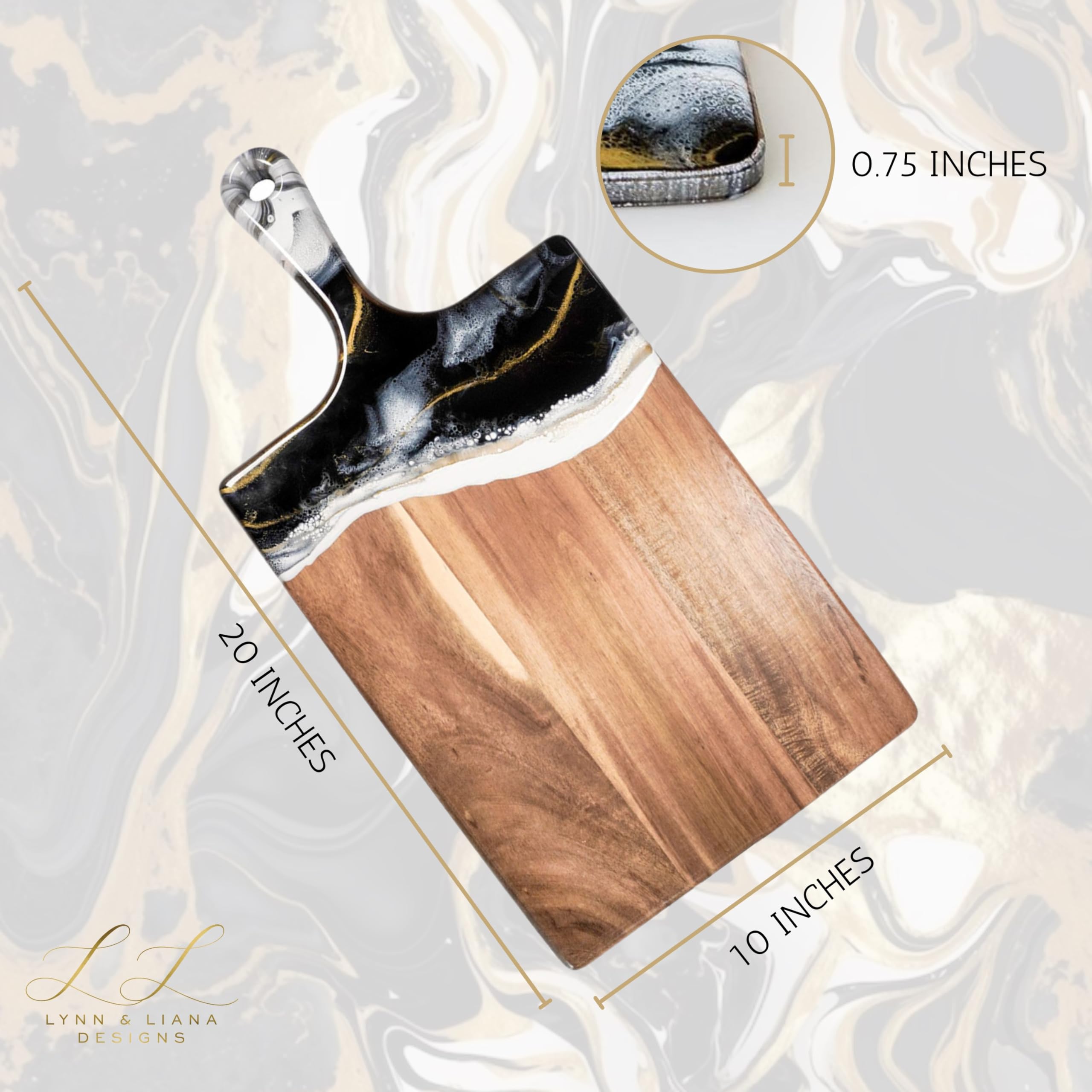 LYNN & LIANA Large Acacia Cheese Board | Wood Resin Cutting Board | Luxury Charcuterie Board for Serving | Handmade Cutting Board | 10 In x 20 In - Onyx