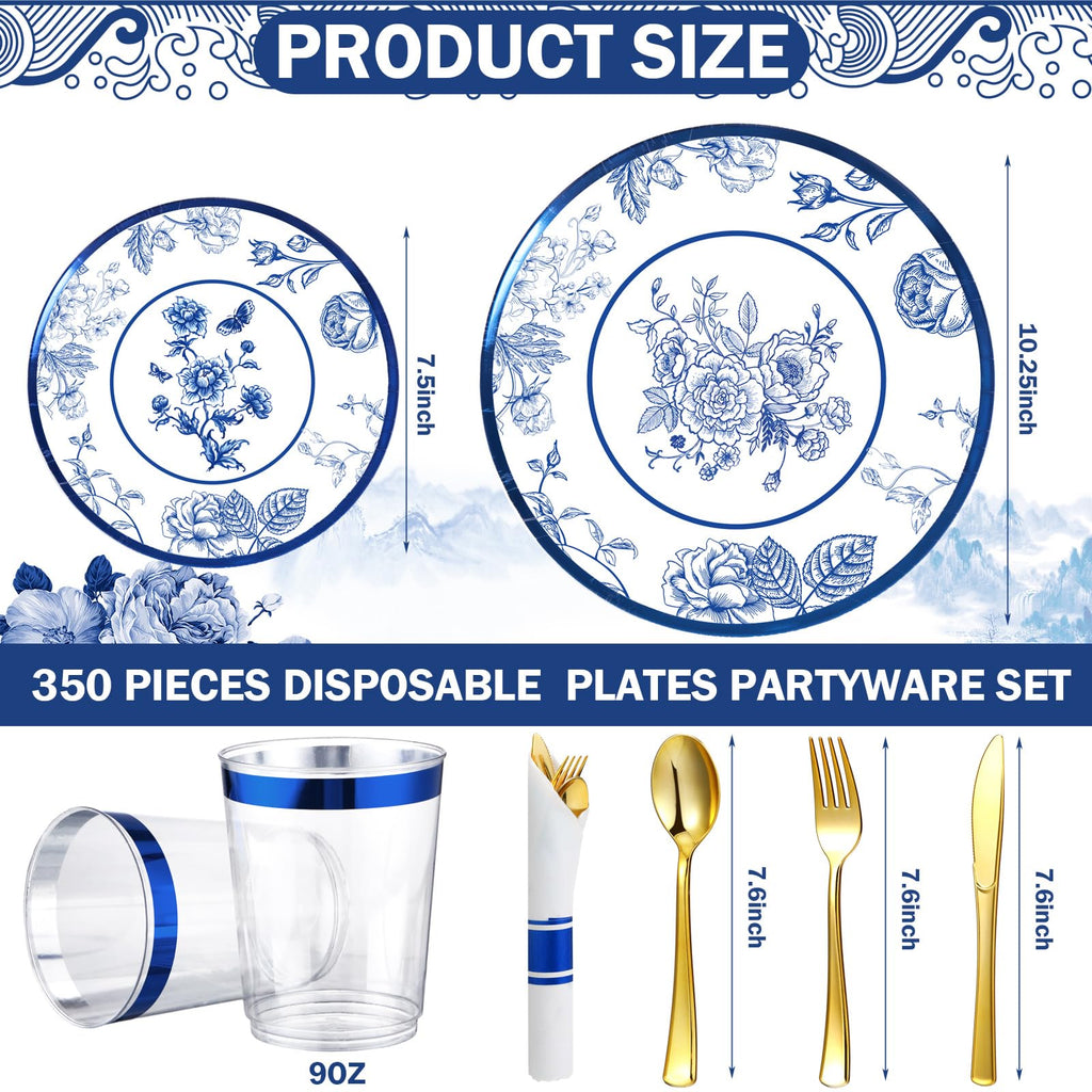 Suttmin 350 Pcs Plastic Dinnerware Set for 50 Guests Include 50 Dinner Plates, 50 Dessert Plates, 50 Pre Rolled Napkins with Gold Silverware, 50 Cups for Party(Blue and White Porcelain)