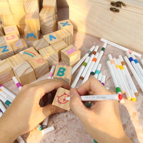 VELLCHO 98PCS Baby Shower Games Sign Kit, Baby Shower Blocks to Decorate - 60 Blank Wooden Blocks(1.5 inches Each),36 Markers,a Baby Shower Sign and Wooden Storage Box,Fun Party Favors