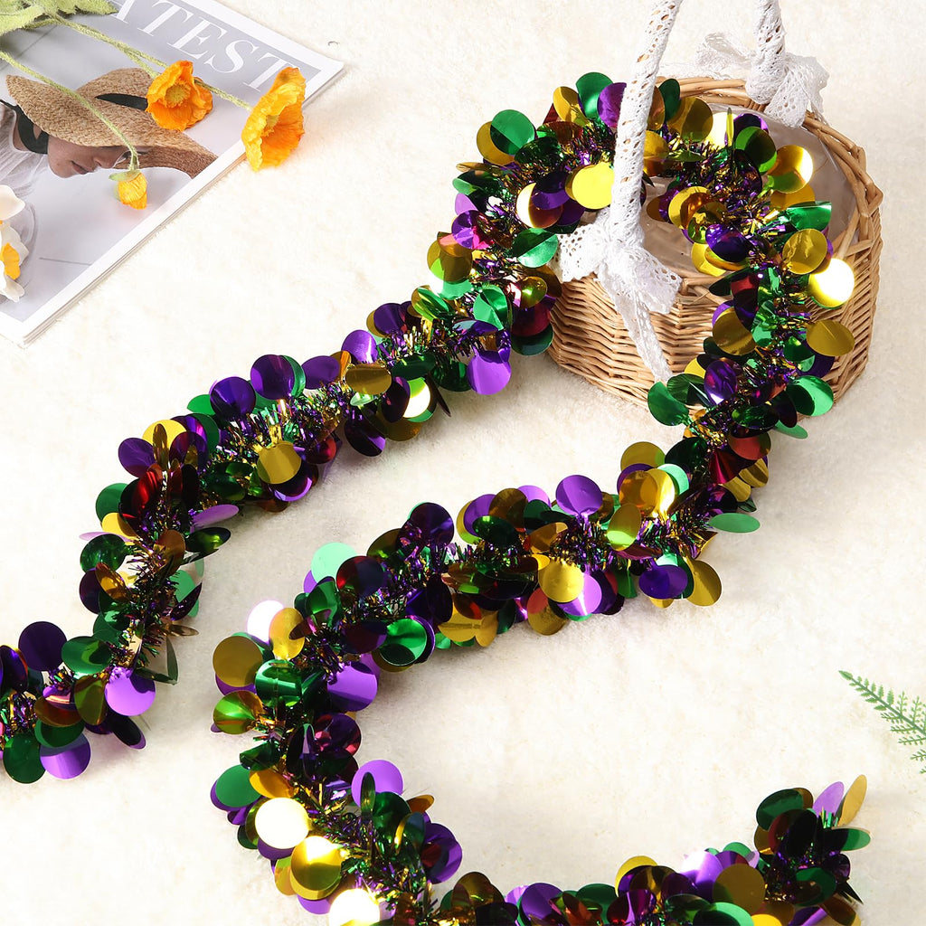 Ohiyoo 100 Feet Mardi Gras Tinsel Garland Gold Green Purple Garland Mardi Gras Christmas Tree Tinsel Metallic Twisted Hanging Streamer for Oktoberfest Birthday Party Decoration