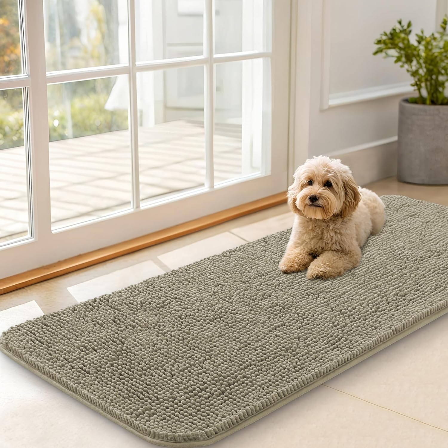 OLANLY Dog Door Mat - Absorbent Non-Slip Washable Doormat for Muddy Paws | 47x20 Warm Taupe