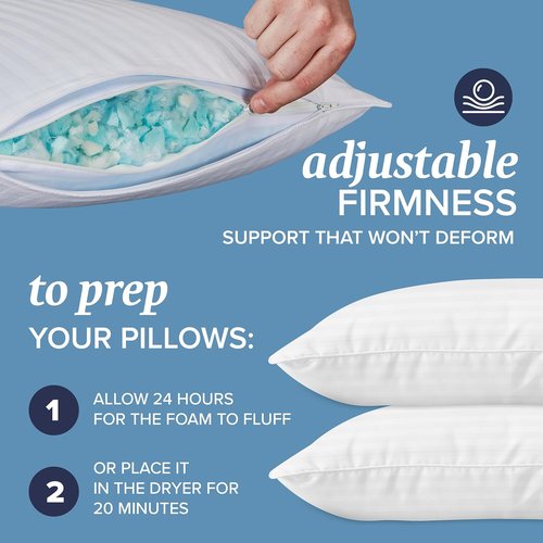 Beckham Hotel Collection King Size Memory Foam Bed Pillows - Adjustable Cooling Shredded Foam Set of 2