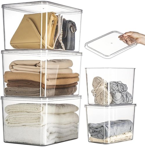 Lidded Plastic Storage Bins Set - Clear Desk Organizer for Kitchen, Closet & Office | 3XL + 2M Size