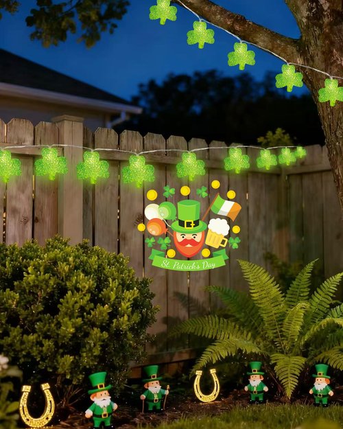 Kaszmwin St. Patrick's Day Lights 6.9FT 10 LED Shamrock String Lights with Timer Lucky Clover String Light for St. Patrick's Day Indoor Outdoor Party Irish Holiday Garden Decoration