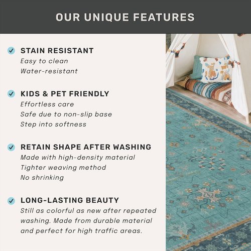 Boho Hallway Runner Rugs - Teal 10ft Washable Indoor Floor Mat with Non-Slip Rubber Backing