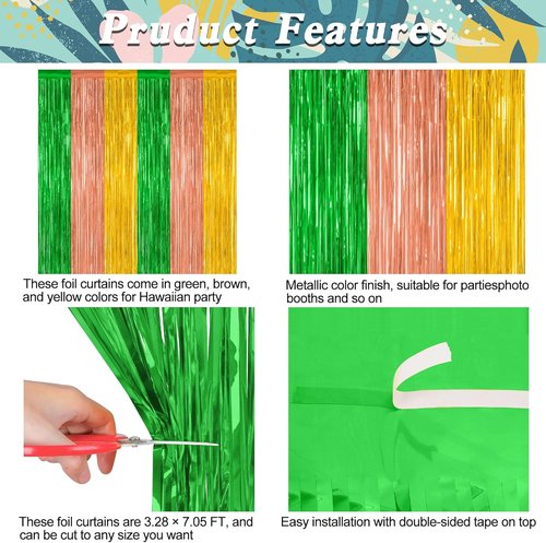 Luau Decorations by [Brand Name] - 2 Pack Summer Party Streamers | 3.28 FT x 7.05 FT Tinsel Fringe Curtains in Green, Brown, Yellow