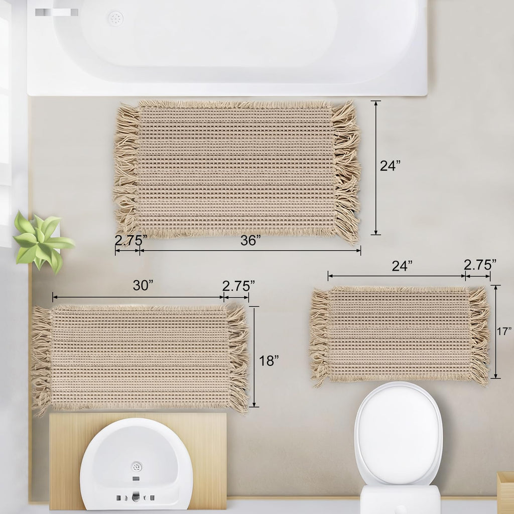 CozeForm Waffle Bath Mat, Super Absorbent Waffle Bathroom Rug with Tassels, Non Slip Bath Mats for Bathroom Floor, Ultra Soft Boho Bath Mat, Quick Dry Shower Mat, Machine Washable, 18"×30", Khaki
