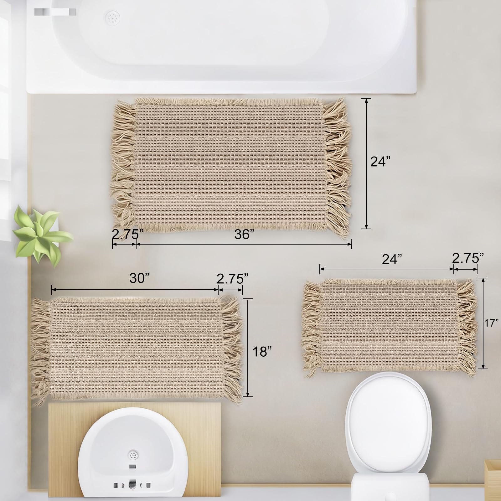 CozeForm Waffle Bath Mat, Super Absorbent Waffle Bathroom Rug with Tassels, Non Slip Bath Mats for Bathroom Floor, Ultra Soft Boho Bath Mat, Quick Dry Shower Mat, Machine Washable, 18"×30", Khaki