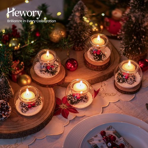 Hewory Tealight Candle Holders - Set of 6 Glass Holders with Red Berry & Pinecone | Festive Christmas Table Decor