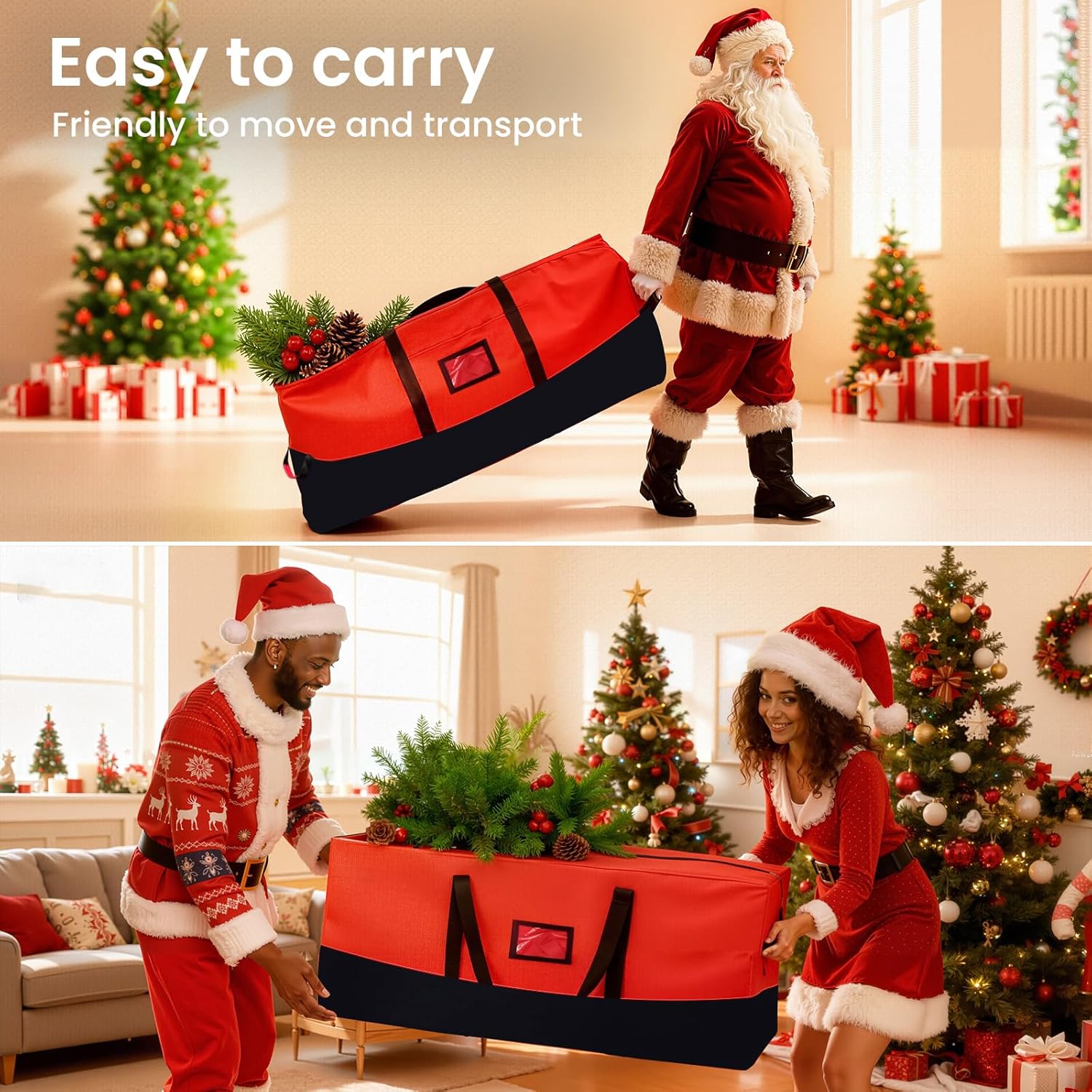 Regine Switzerland Heavy Duty Christmas Tree Storage Bag - Waterproof, Durable Zipper & Handles for 9ft Trees | Black & Red