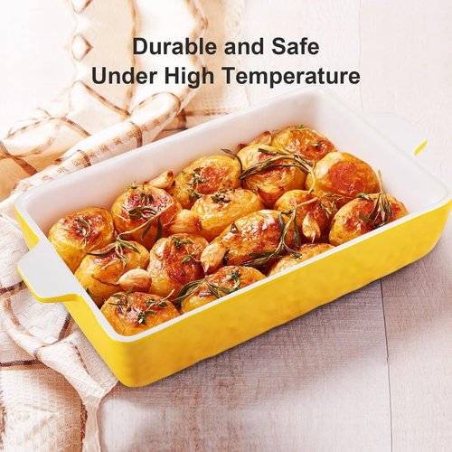Garvee Ceramic Baking Dish Set - Set of 3 Rectangular Casserole Dishes with Handles | Yellow (11.7"/8.75"/6.5")