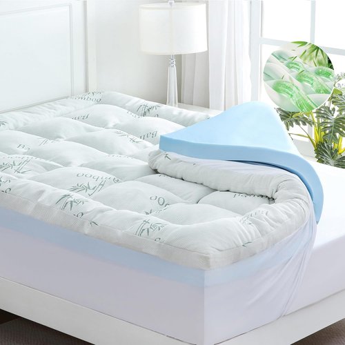 DOWNCOOL Queen Memory Foam Mattress Topper - 4 Inch Dual Layer with Gel & Pillow Top for Back Pain Relief