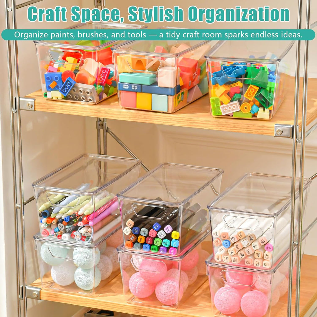 Skiennix 6 Pack Clear Storage Bins - Stackable Acrylic Craft Containers with Lids & Handles | Ideal for Kitchen & Office Organization