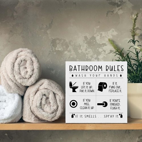 Funny Bathroom Sign by Rustic Home Decor - Farmhouse Style Rules for Restroom | Perfect Gift for Holidays