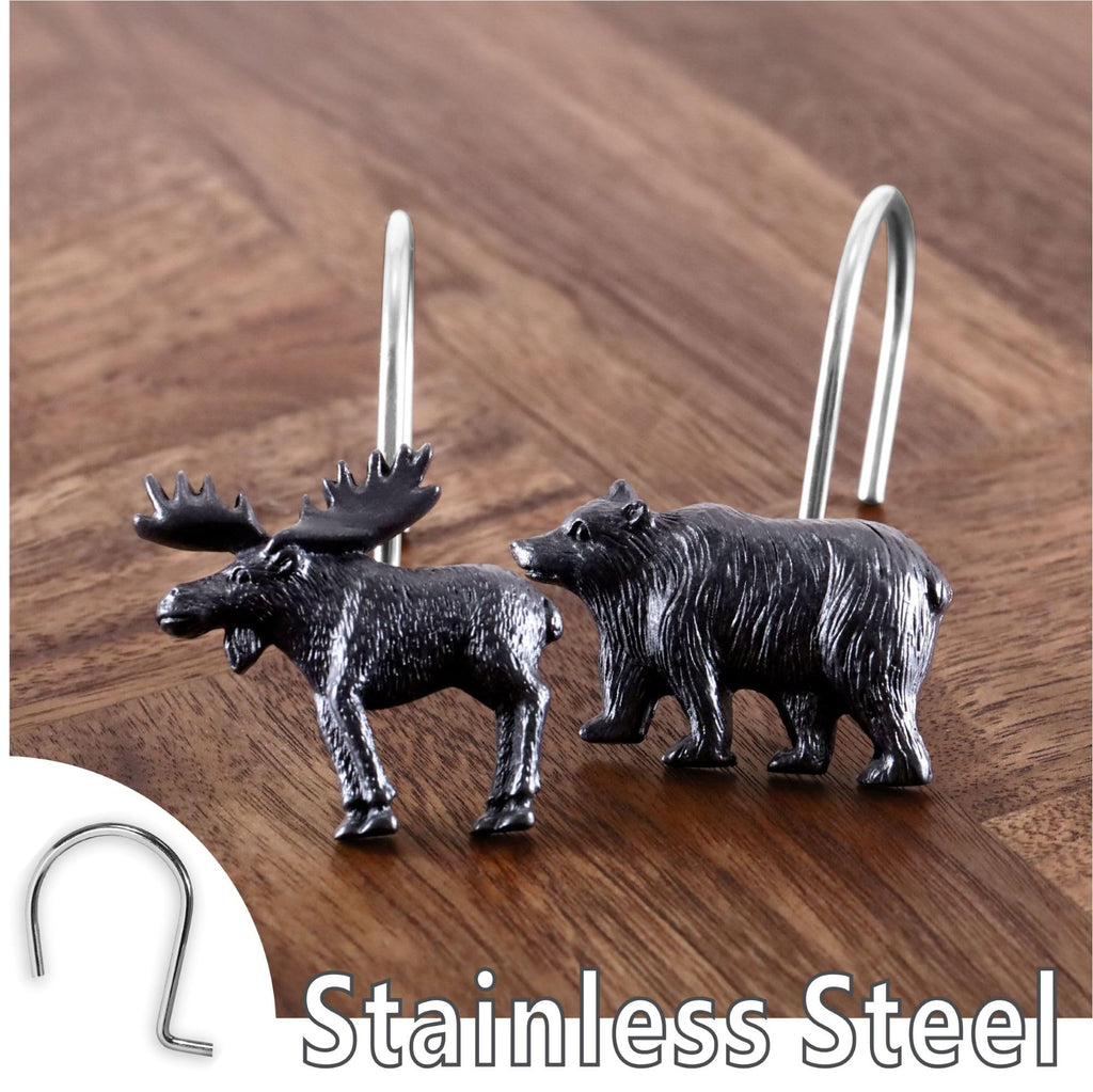 Bear & Deer Shower Curtain Hooks：12 Pcs Black Rustic Cabin & Christmas Reindeer Decorative Hooks Rustproof Stainless Steel Rings - Farmhouse Lodge Western & Woodland-Themed Bathroom Home