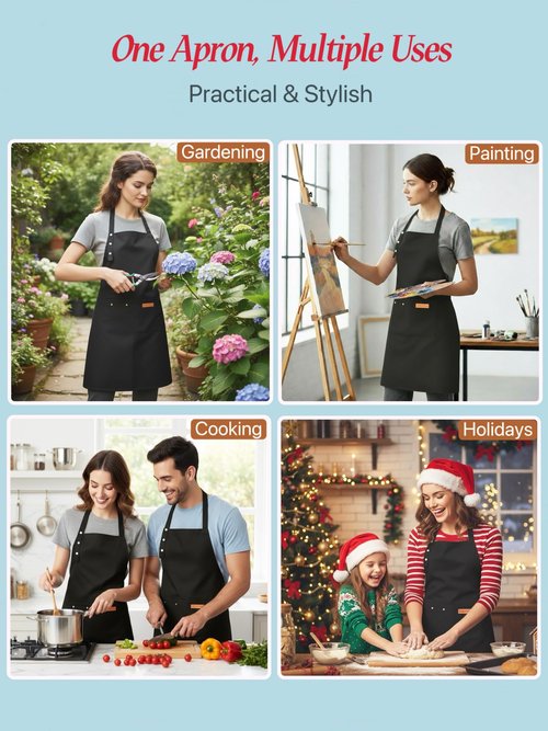 ursapela Kitchen Cooking Apron for Women Men Water-Resistant Artist Barista Baking Craft Catering Work Bib with Large Pockets (Black)
