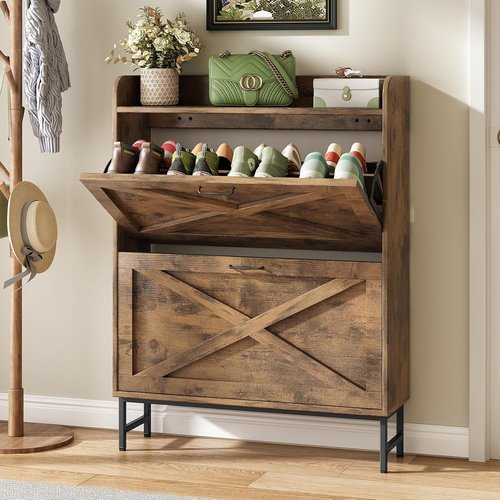 Kitstorack Shoe Storage Cabinet - Rustic Brown Freestanding Organizer with 2 Flip Drawers
