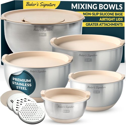 Baker's Signature Stainless Steel Mixing Bowls Set - 5 Sizes with Airtight Lids & Non-Slip Base | Khaki