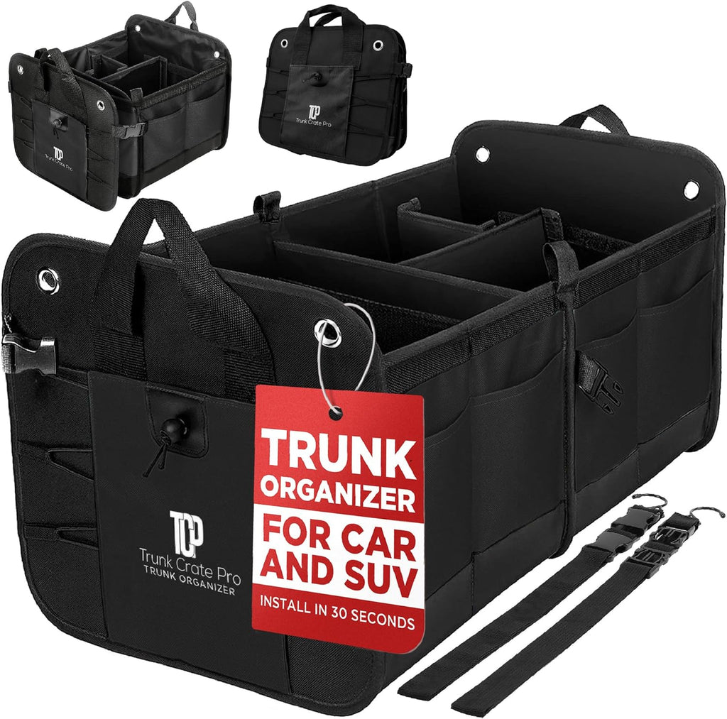 TRUNKCRATEPRO Car Trunk Organizer - Premium Adjustable Multi-Compartment Design | Large Black with Securing Straps & Non-Slip Bottom