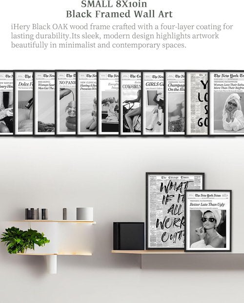 iHery Premium Natural Black Oak Wood Framed Wall Art - Inspirational Vintage Girl Canvas 8x10in