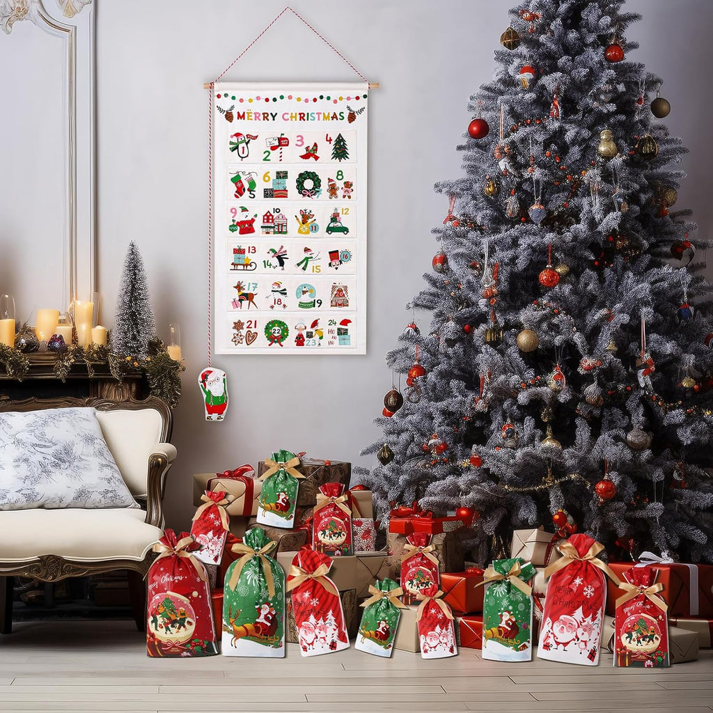 LYSXP Christmas Advent Calendar - 2025 Countdown Fabric Wall Hanging with 24 Pockets | 13x23.5 Inch & 15 Candy Bags