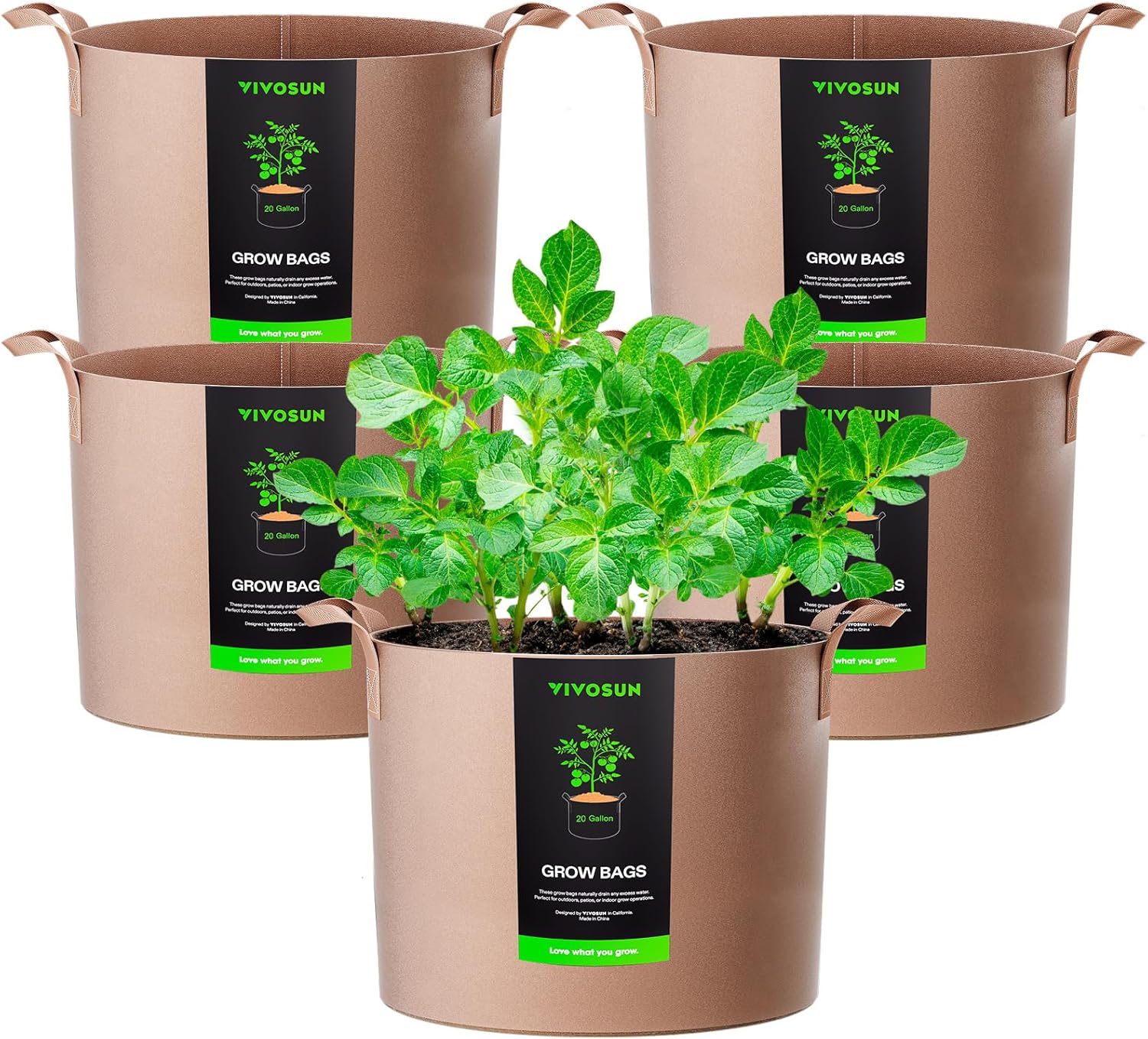 VIVOSUN 20 Gallon Heavy Duty Grow Bags - 5-Pack Nonwoven Fabric Pots with Strap Handles | Tan