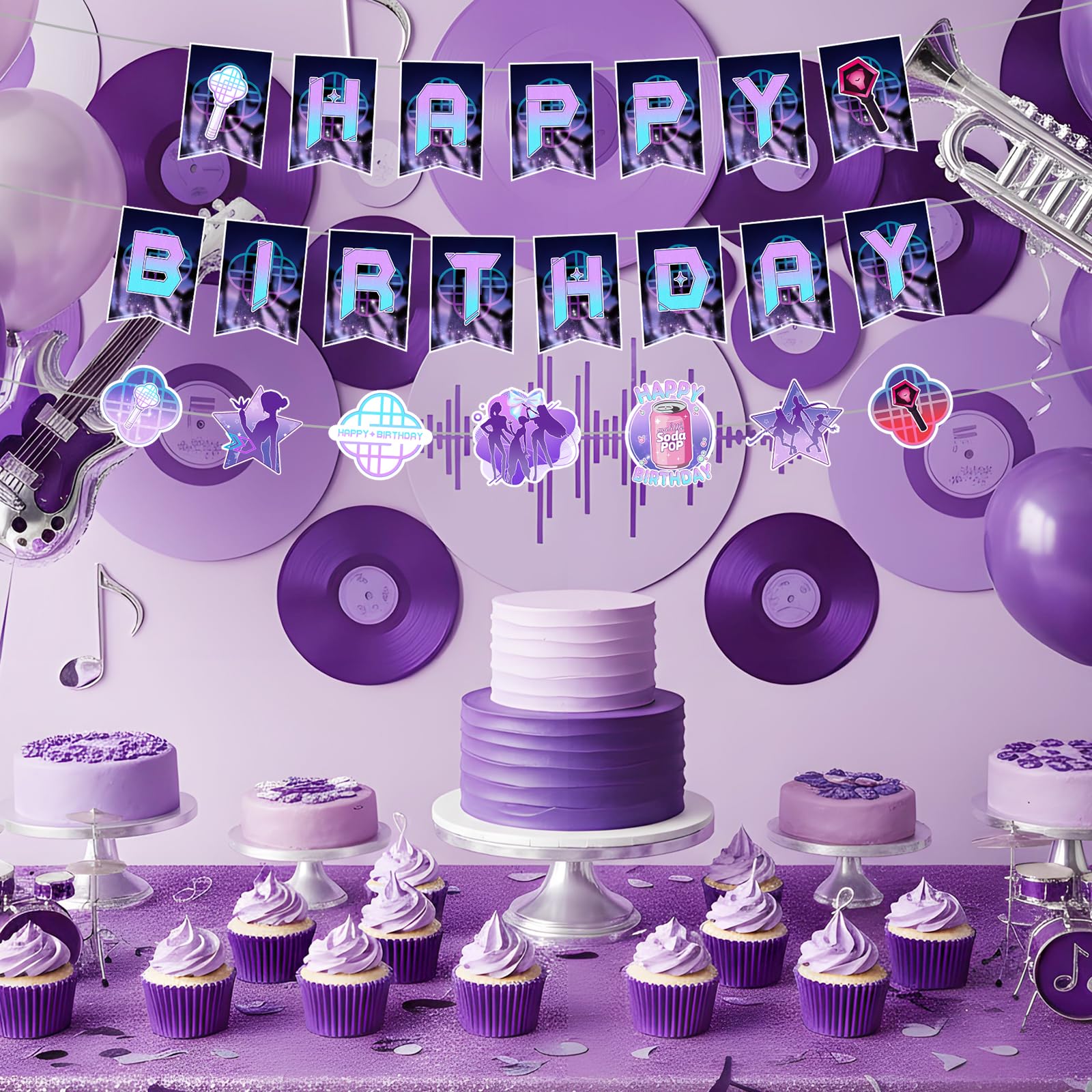 Music Hunter Birthday Banner Set - Includes 2 Happy Birthday Banners & 1 Prop Garland for Magical Music Themed Party Decorations, Easy to Hang Singer Theme Party Supplies