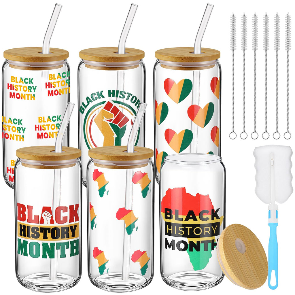 Acellegic 6 Pcs Black History Month Gifts Cups Glass Tumbler with Lids and Straws 16oz African American Bulk Party Favors Reusable Can Shaped Drinking Glasses for Juneteenth Party Supplies