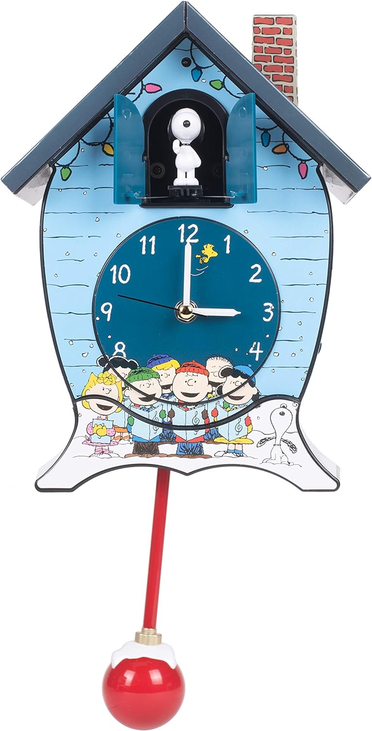 Mark Feldstein Peanuts Gang Holiday Cuckoo Clock - Icy Blue, 17-Inch Decorative Timepiece