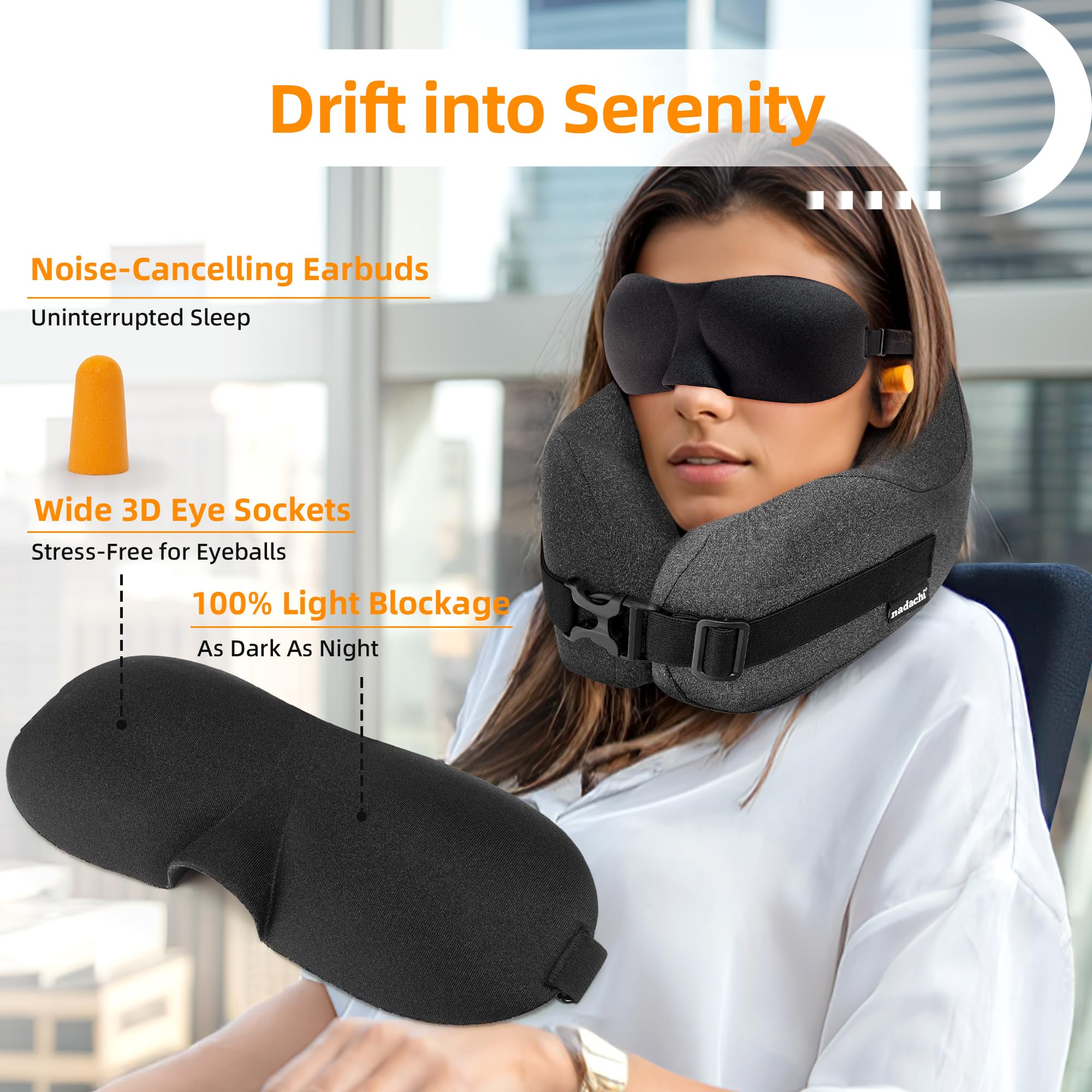 nadachi Neck Pillow Airplane Travel Set - Pure Memory Foam Travel Neck Pillow, Plane Pillow for Long Flights Essentials, Sleeping with 3D Contoured Eye Mask, Earplugs, Portable Bag (Darkgray-M)