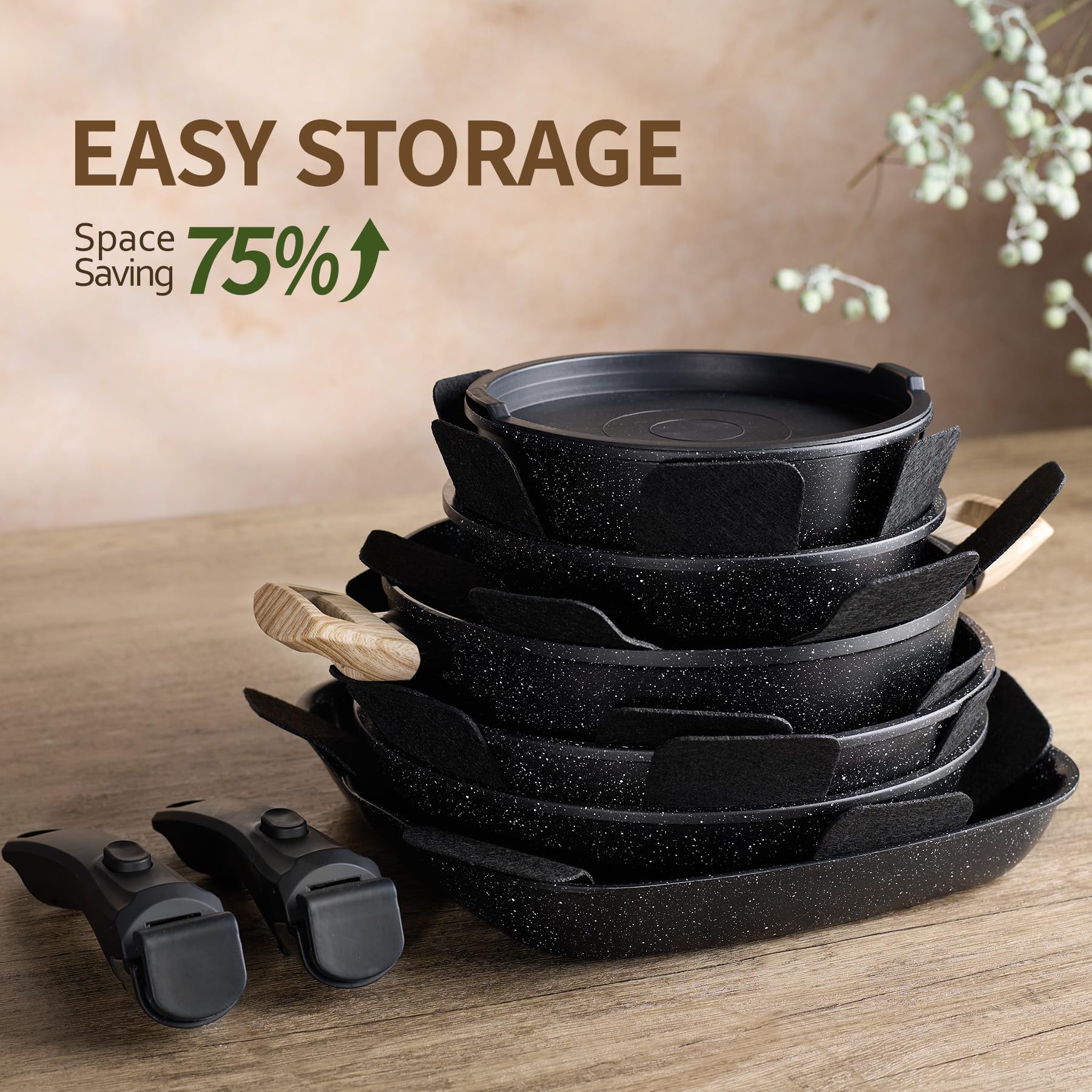 BECIGAR 23pcs Ceramic Pots and Pans Set, Nonstick Detachable Handle Cookware, Induction Kitchen Cooking Set with Removable Handle,include Frying Pans & Saucepans Oven Safe (Black)