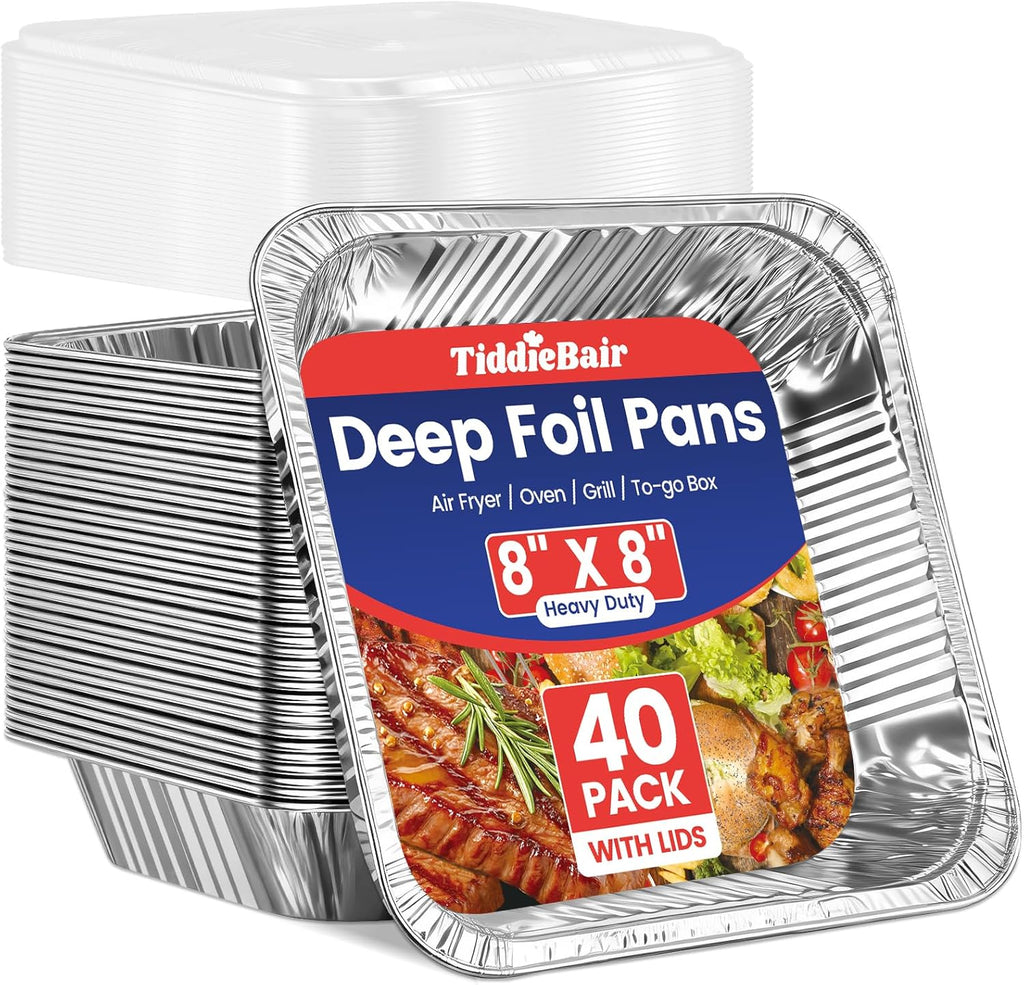 Skiennix 8x8 Aluminum Foil Pans - 40 Pack Disposable Baking Containers with Clear Lids | Perfect for Air Fryers
