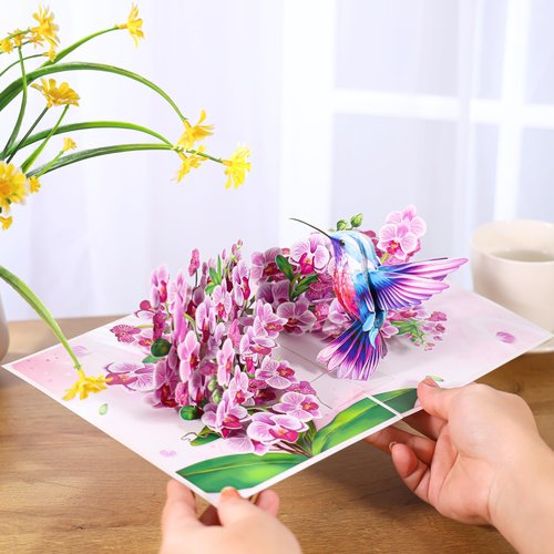 Hummingbird Pop Up Mothers Day Cards, 3D Purple Orchid Birthday Card For Women, Mom, Ideal Gift for Mothers Day, Thank You, Birthday, Thinking of You, All Occasion for Her, Sister, Grandma, Daughter