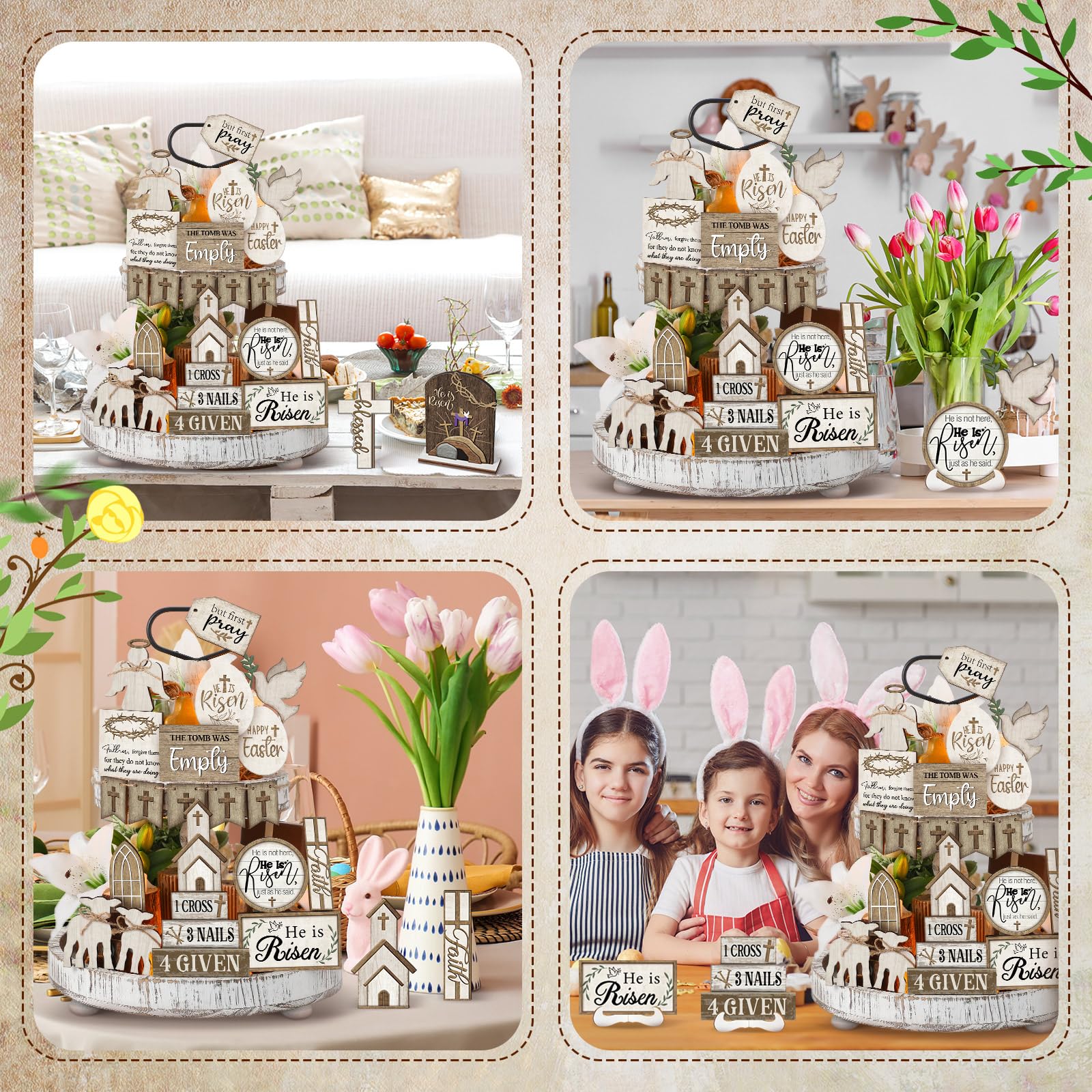 Yuntau 24 Pcs Easter Tiered Tray Decor Religious Easter Decorations He is Risen Cross Tray Decoration Sets Christian Cross Table Wooden Sign Farmhouse Table Decor for Home Kitchen Office Holiday