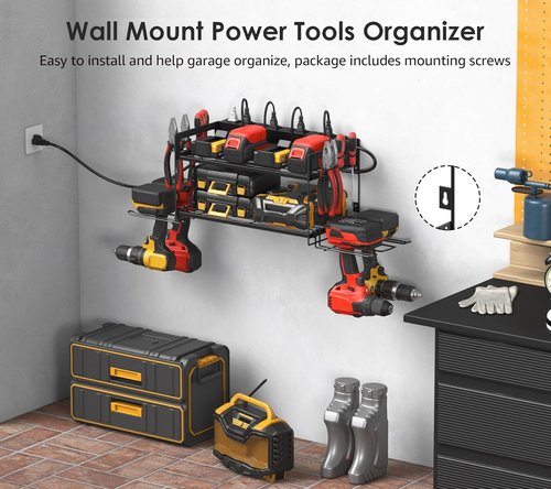 CCCEI Garage Tool Storage - Power Tool Battery Organizer with Charging Station & Wall Mount Rack, Black