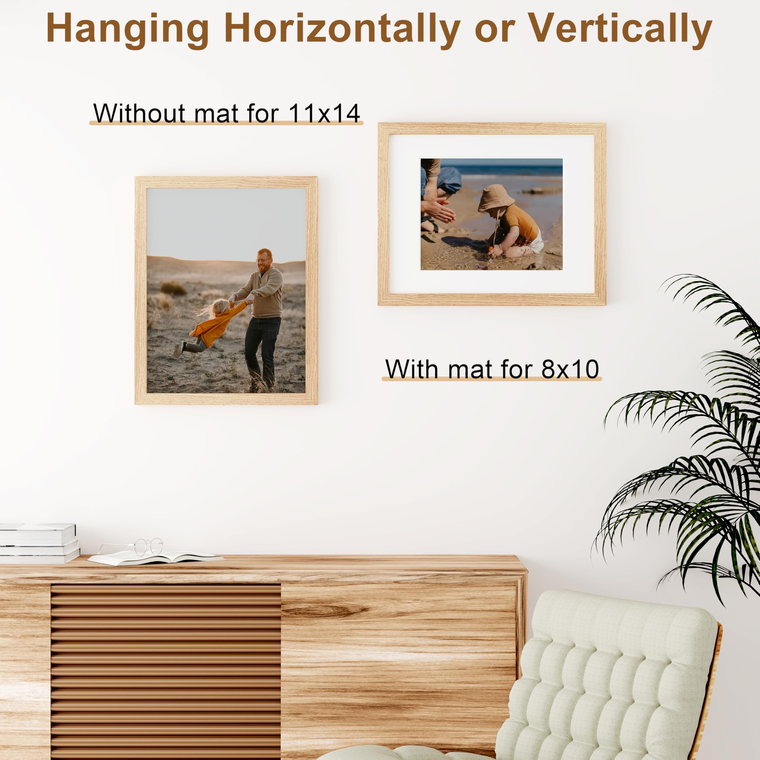 Vittanly 11x14 Picture Frame, Solid Wood Frame with Plexiglass, Includes 8x10 Mat, Wall Hanging for Home Decor, Natural, 1 Pack