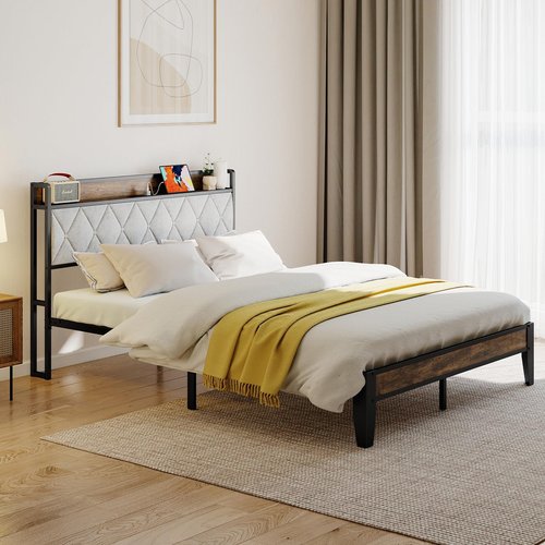 Sweetcrispy Queen Bed Frame with Headboard, Storage Headboard with USB Charging Station, Durable Squeak-Free Frame, Simple No-Tool Assembly,Works with Queen Mattress No Box Spring Needed