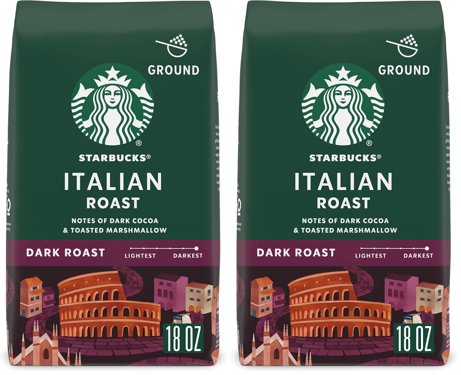 Starbucks Dark Roast Ground Coffee - Italian Roast, 100% Arabica, 18 oz Bag (Pack of 2)