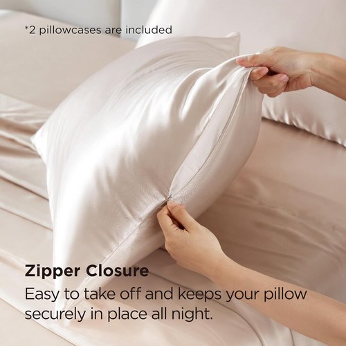 Bedsure Satin Pillowcase - Silky Soft Zippered Pillow Covers | 2-Pack Standard Size, Beige 20x26 Inches