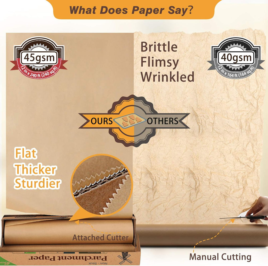 Unbleached Parchment Paper Roll - Non-Stick Baking Paper for Cooking & Grilling | 12 in x 240 ft