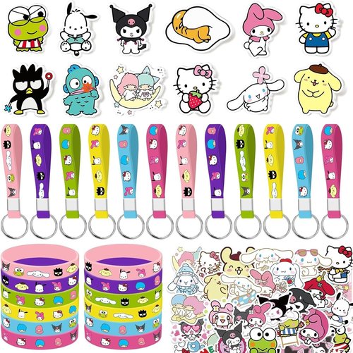 Joi-Fun 86pcs Kitty Birthday Party decorations Set Included 12 Bracelets, 12 Acrylic Pins, 12 Keychains, 50 Stickers, for Boys and Girls Cartoon Theme Party