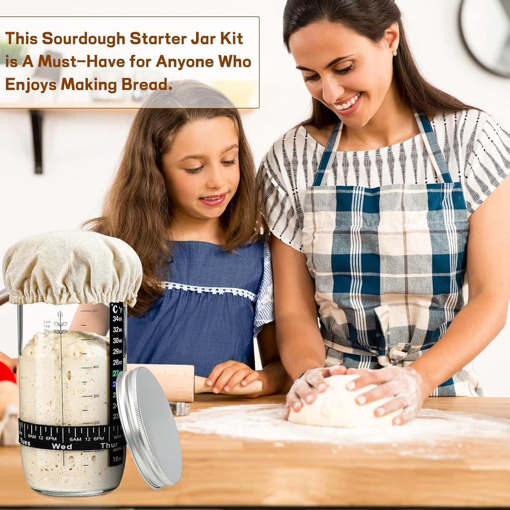 Skiennix Sourdough Starter Kit - 24 oz Glass Jar with Date Marked Feeding Band & Accessories