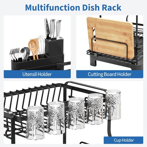 TOOLF Extendable Dish Drying Rack, 2-Tier Dish Rack for Kitchen Counter, Large Expandable Dish Drainer Over Sink, 3 in 1 Multifunction Dish Strainer with Drainboard & Cups Holder, Black