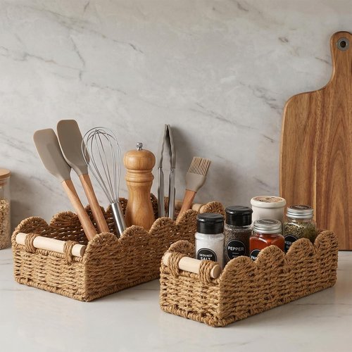 Beige Scalloped Edge Wicker Basket Set by [Brand Name] - 2 Pcs Toilet Paper Storage for Bathroom Decor