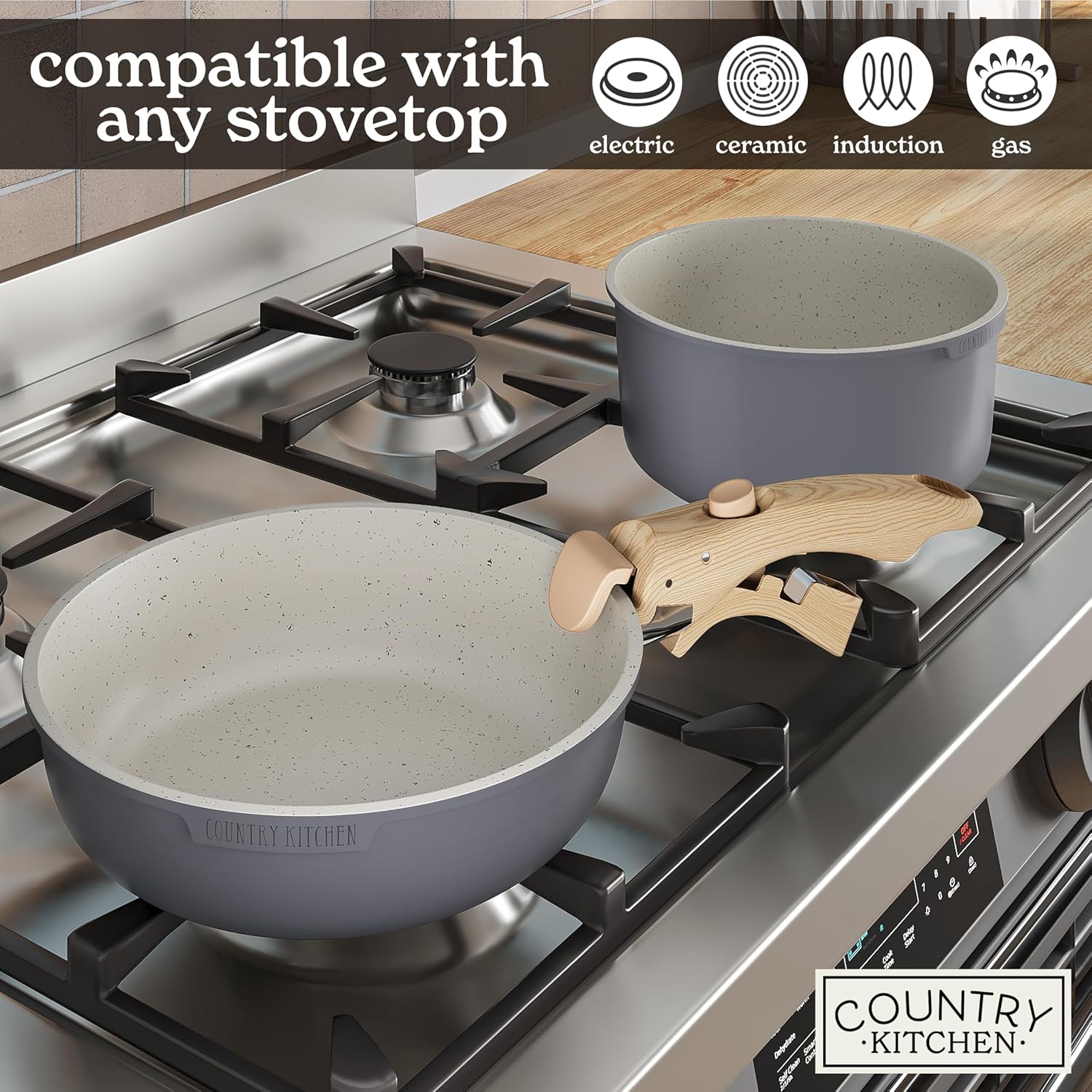 Country Kitchen Cookware Set - Removable Handle, Oven & RV Safe Pots and Pans, Grey/Ivory Wood Handle