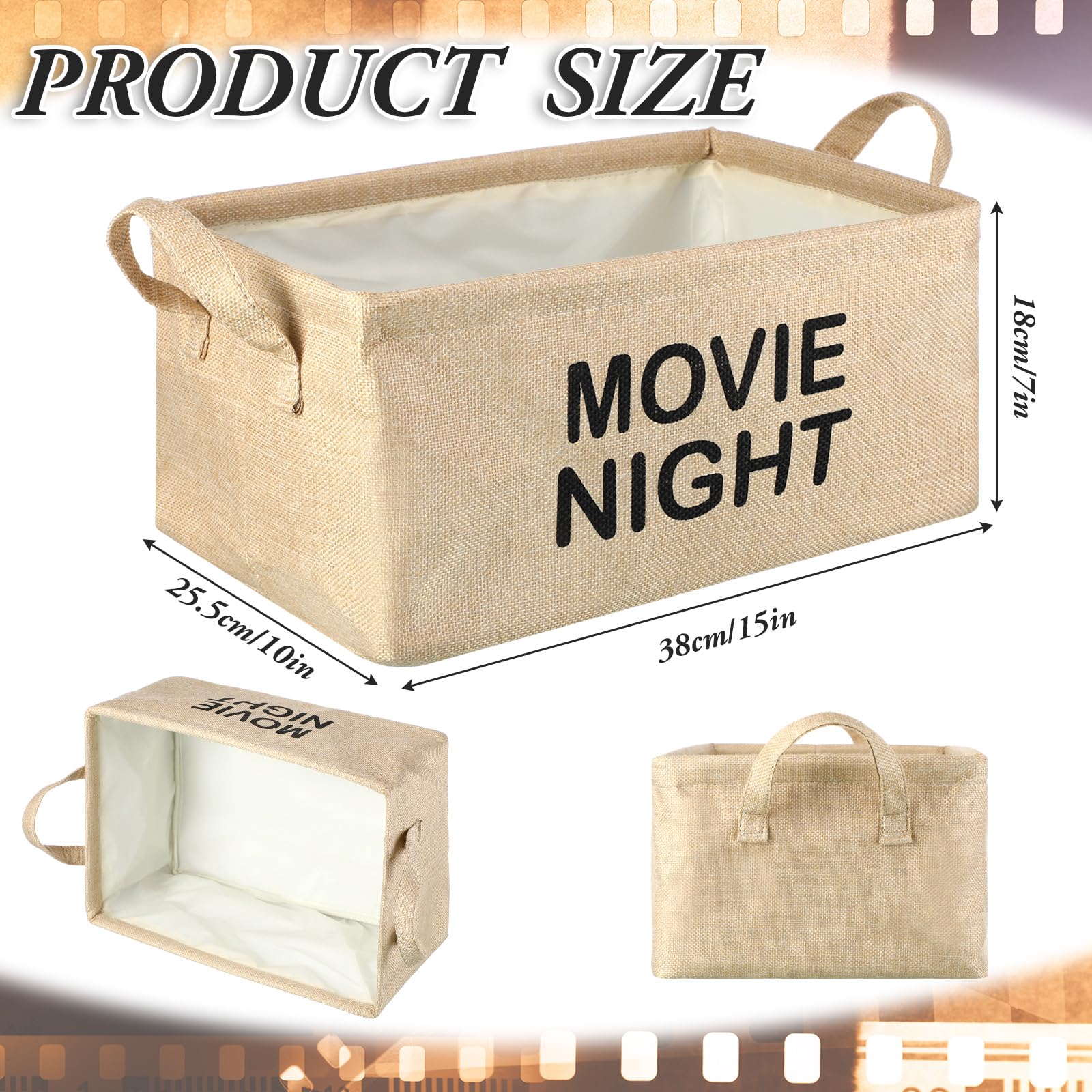 Gandeer Large Movie Night Snack Basket with Handles Movie Night Snack Tray Reusable Burlap Storage Organizer for Theater Popcorn Bucket Bowl Box Container Family Film Holiday Parties(Khaki, Classic)