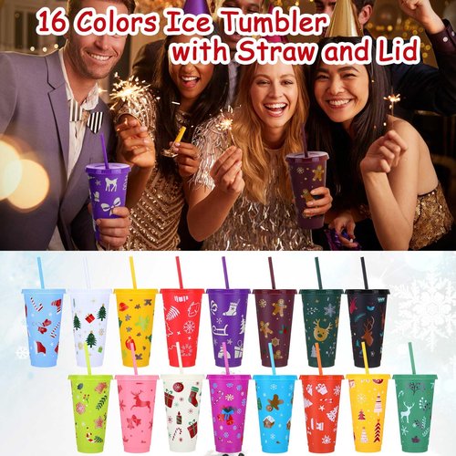 Honeydak 50 Pcs 24oz Christmas Cup Bulk Gift Tumbler with Straw and Lid Coffee Cups with Lids Holiday Gifts Bulk Reusable Plastic Water Bottle Iced Coffee Travel Mug for Party Birthdays
