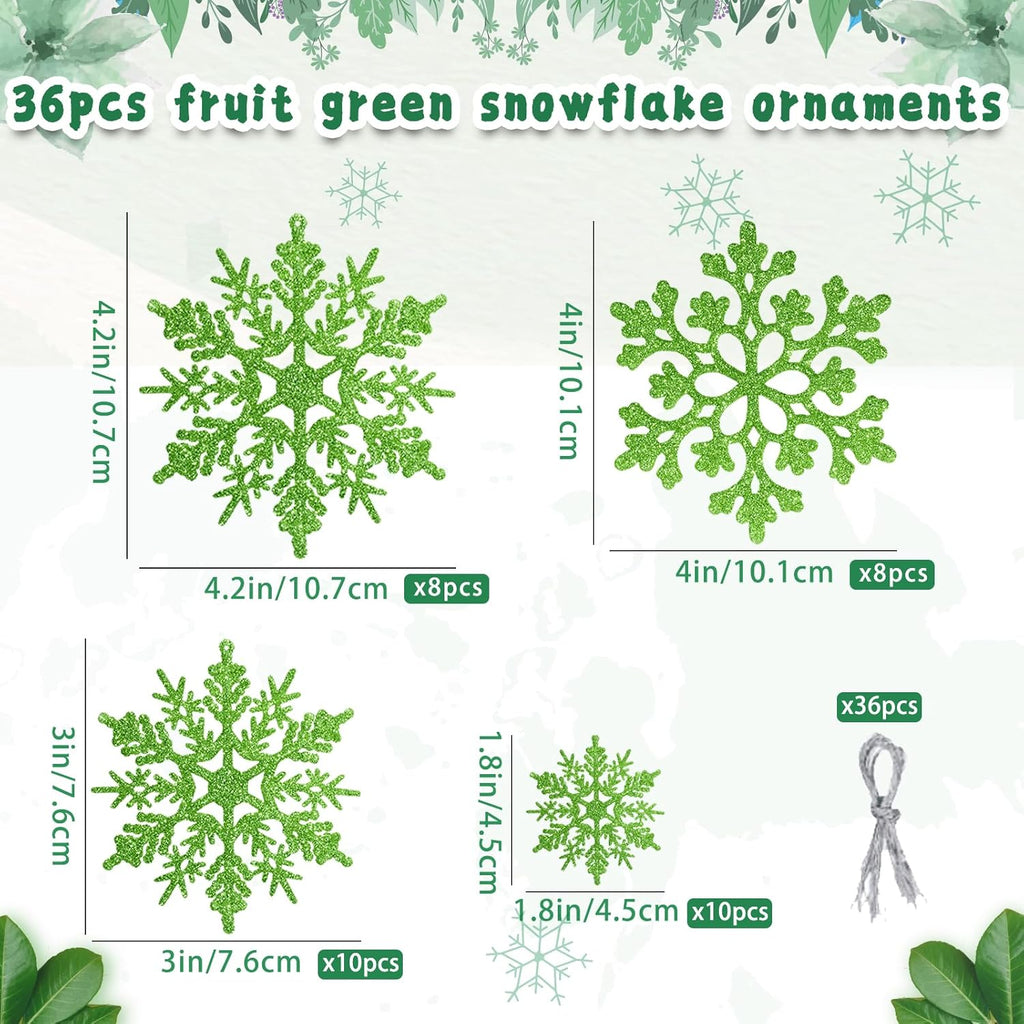 Skiennix 36pcs Christmas Lime Green Snowflake Ornaments - Durable Plastic Hanging Decor for Winter Wonderland & Holiday Home Decor